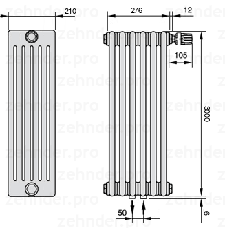 Схема (чертеж) Радиатор Zehnder Charleston 6300/6 №V008 Белый глянцевый RAL 9016